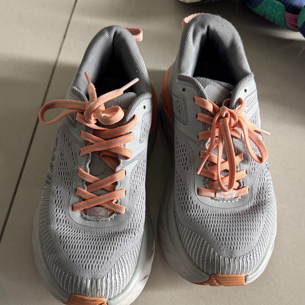 Hoka One One Gray and Peach Athletic Shoes
